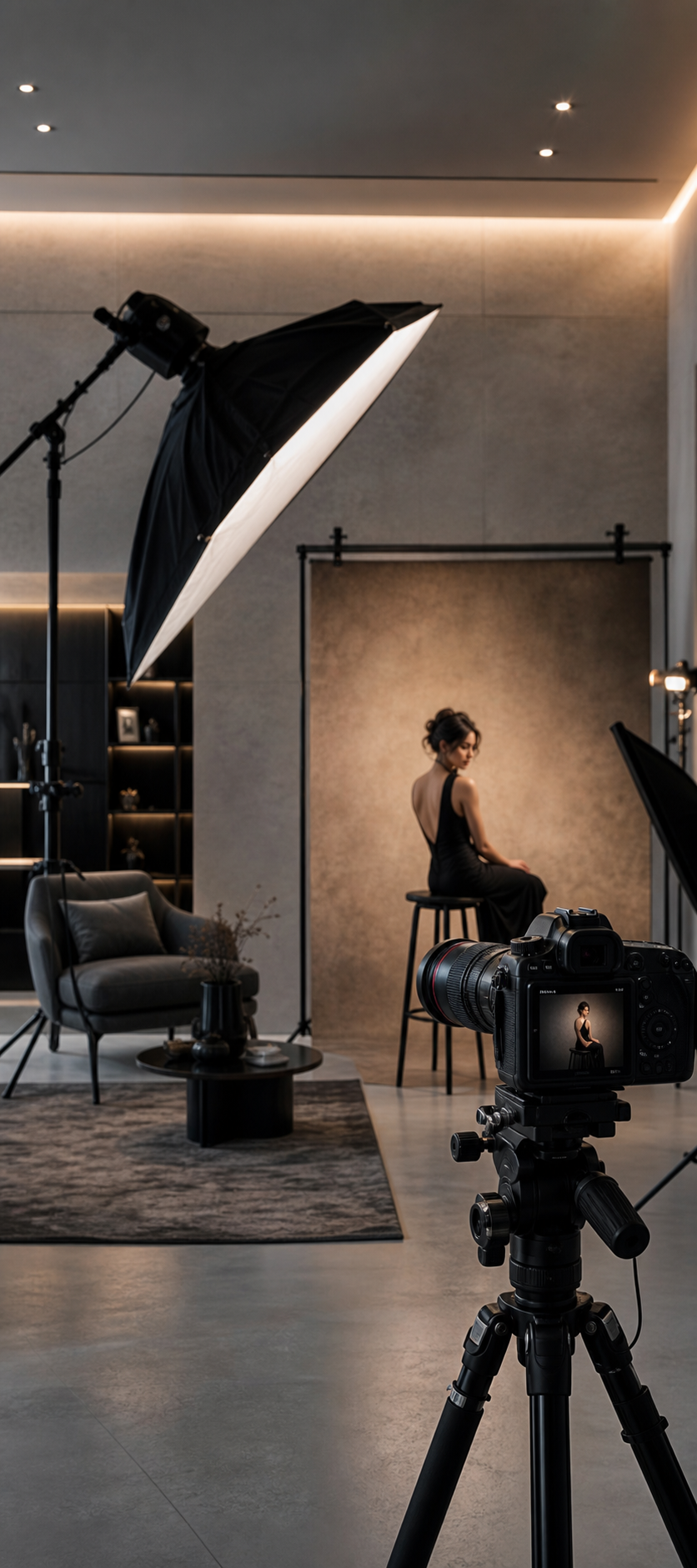 Photography studio lesson with professional camera and lighting